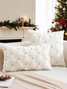 1pc Cream White Christmas Tree Quilted Pillow Case With Gold Snowflake Embroidery, 3D Textured Decorative Cushion Cover For Sofa, Living Room And Bedroom, Christmas Holiday Home And Room Decor - White - View 4
