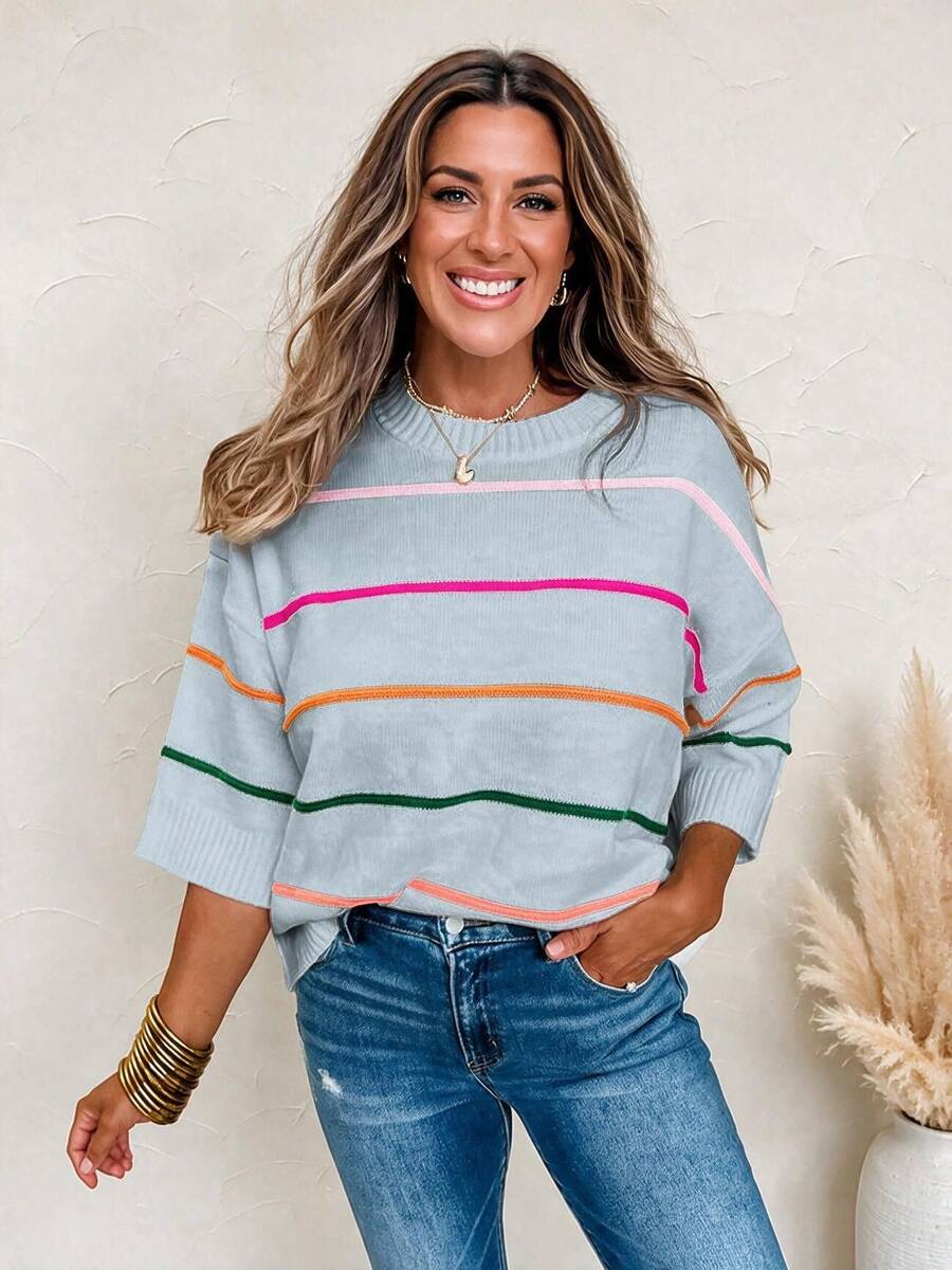 Acelitt Colorblock Striped 3/4 Sleeve Off-Shoulder Casual Knit Top, Suitable For All Seasons - Dusty Blue - View 1