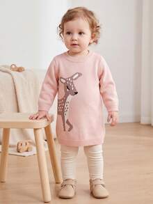 Baby Girl Long Knitted Sweater With Deer Pattern, Pullover - Dusty Pink - View 1