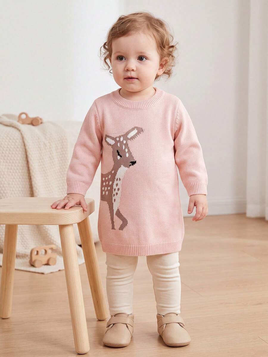 Baby Girl Long Knitted Sweater With Deer Pattern, Pullover - Dusty Pink - View 1