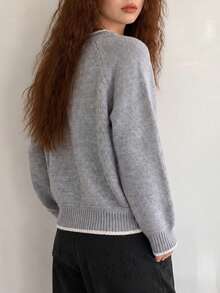 Women's New Winter Casual Minimalist Contrast Trim Design Crew Neck Pullover Sweater - Grey - View 2
