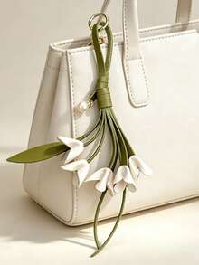 Handmade PU Leather Lily Of The Valley Keychain, Lily Of The Valley With Faux Pearl Charm, Elegant Accessory For Daily Keys And Backpacks, Unique Gift With Blessings, Suitable For Holiday Gifts And Daily Wear - View 5