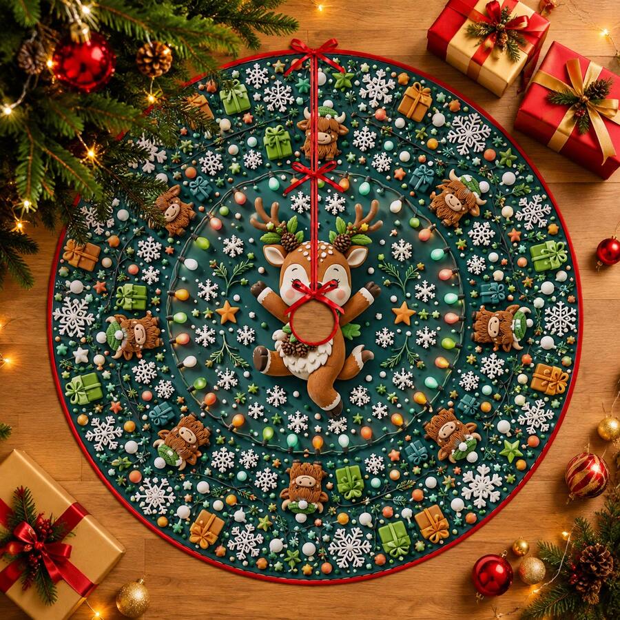 1pc Cartoon Reindeer Gift Snowflake Pattern Christmas Tree Skirt, Elegant Color Holiday Decoration, 5 Sizes, Unisex Holiday Gift, Suitable For Home And Party Christmas Decor - Cartoon Reindeer Gift Snowflake - View 1