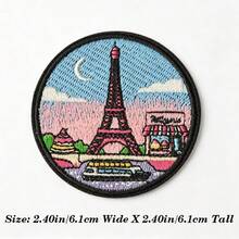 1pc/2pcs/3pcs/4pcs Paris Eiffel Tower Iron‑On Patch, France Travel City Landscape Round Embroidered Applique - Multicolor - View 3