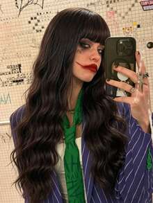 26"/28" Dark Style Women's Long Wavy Synthetic Wig With Bangs, Dark Brown/Green/Red/Red Highlight Black, Colorful Full Head Cosplay Wig (Includes Wig Cap), Heat Resistant Fiber Wig, Suitable For Halloween Costumes And Party Role Play - Multicolor - View 8