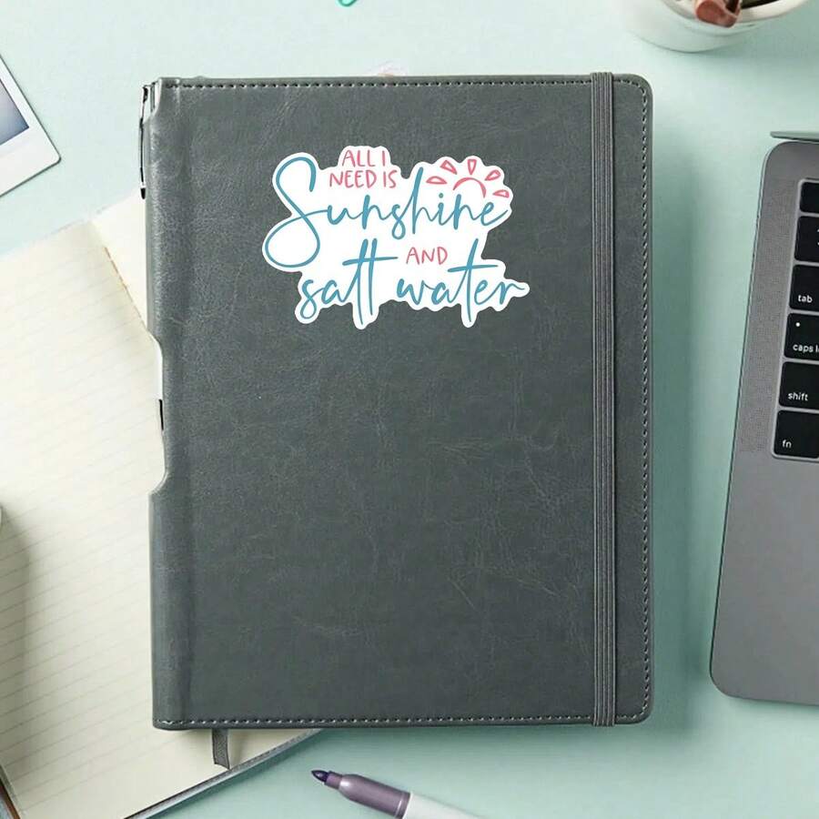 1PC Sunshine And Salt Water Beach Sticker, Summer Ocean Vacation Quote Vinyl Decal For Laptop Phone Case Luggage Water Bottle, Waterproof Decal Sticker, Aesthetic Stationery Scrapbook Accessories Gift For Her - S2544 - View 1