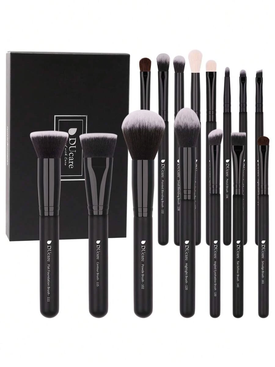 DUcare 15PC Professional Makeup Brushes Set Classic Black Synthetic Fiber Wood Handle Foundation Concealer Blush Eyeshadow Kabuki Brush Kit With Instructions, Vegan & Cruelty-Free Kit Luxury Beauty Tools For Full Face Makeup Application Cosmetics Tools - Black - View 1