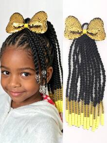 1PC/2pcs Kids African Dreadlocks1 Ponytail With Shinyl Bow , Colored Bead At The End For Children And Girls Wig - Natural Black - View 10