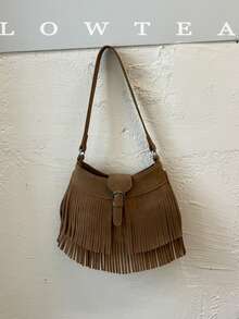 low tea 1pc Tassel Buckle Suede Fabric Shoulder Bag, Suitable For Commuting, Shopping And More - Light Khaki - View 10