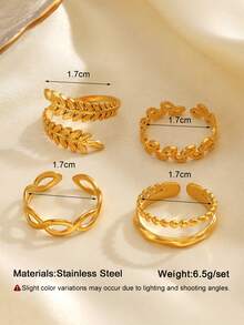 4pcs/Set Stainless Steel Minimalist Leaf Line Design Rings Set, Suitable For Women's Daily And Party Wear - Multicolor - View 2