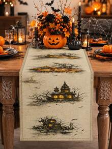 1pc Halloween Linen Table Runner, Vintage Gothic Rectangular Table Decor With Haunted House, Pumpkin, Bat And Bare Tree Print, Farmhouse Tabletop Decoration For Halloween Party, Kitchen And Home - Multicolor - View 15