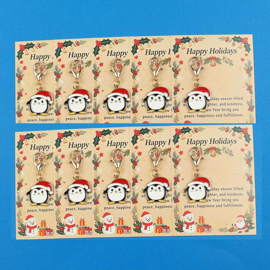 5pcs/10pcs Christmas Penguin Enamel Keychain Charms, Santa Hat Penguin Pendant, Happy Holidays Greeting Card, Lobster Clasp Holiday Gift - Multicolor - View 1