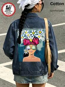 Women's Denim Jacket, Featuring Sweet Daisy And Bow Designs, White Ink Direct-To-Garment Print, Vintage Washed Loose Fit - Dark Denim Blue - View 9