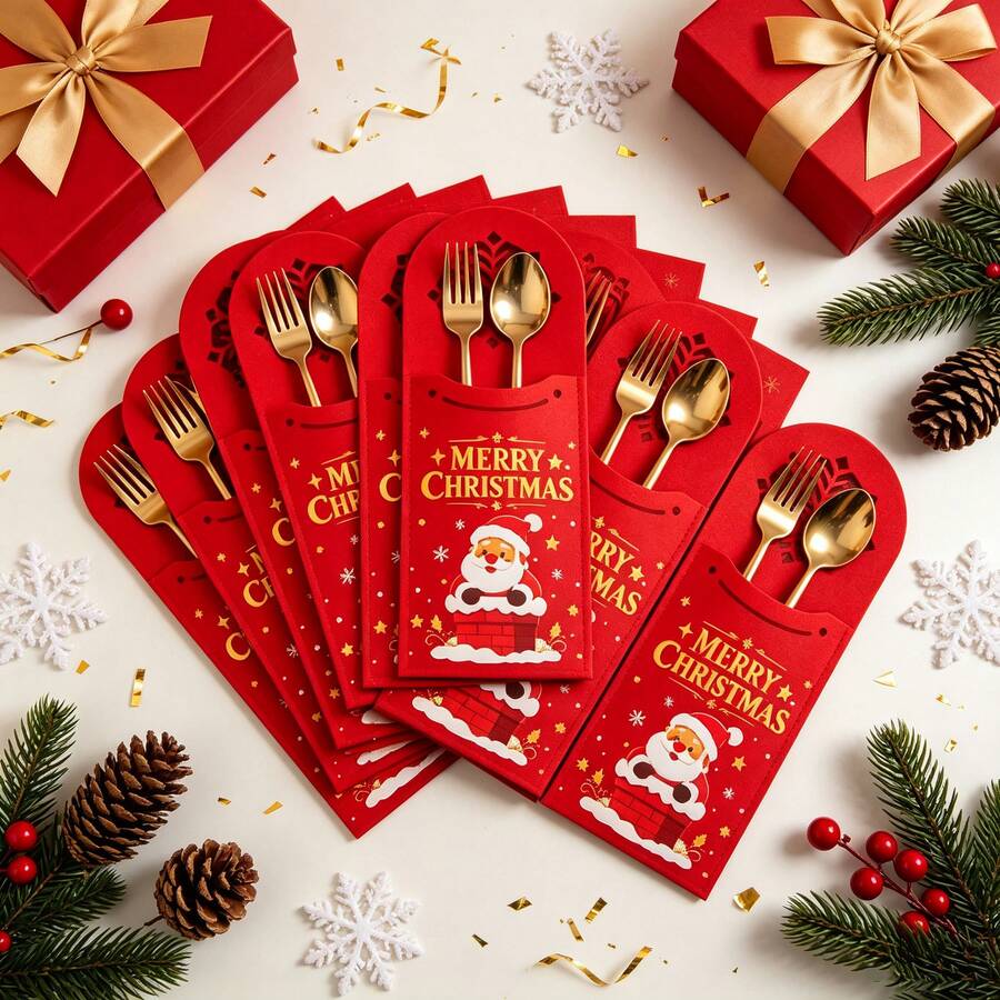 Random Style Christmas Felt Cutlery Bags, Reusable Xmas Silverware Holder Pouch, Santa Snowman Reindeer Pattern Tableware Sleeve For Holiday Dinner Table Decor - Multicolor - View 1