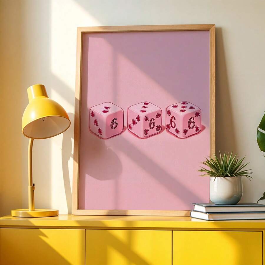 1pc Modern Pink Dice & Triple Heart - Horizontal Canvas Print Suitable For Living Room, Bedroom, Game Room Decor - Minimalist Ink With Dice Roll Patterns, Unframed For Hanging, Holiday Gift For Gamers, Unframed - Multicolor - View 1