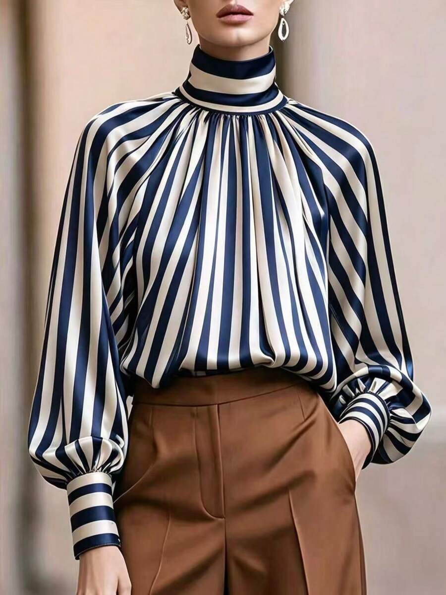 Elegant Women's Striped Print High Neck Lantern Sleeve Casual Versatile Blouse Shirt With Contrast Color Buttons For Office Spring Autumn - Blue - View 1