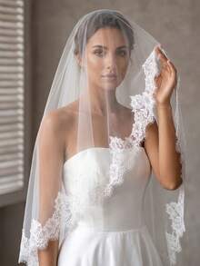 1 Pc Mantilla Wedding Veil Fingertip Chapel Cathedral Length French Soft Lace Bridal Veil With Invisible Metal Comb For Brides - Multicolor - View 8