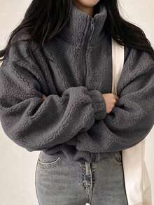 女款優雅灰色拉鍊羊毛短夾克，時尚春夏秋冬新款純色泰迪夾克，休閒戶外上衣，情侶夾克，寬鬆長袖街頭風，度假、返校、派對穿搭 - 灰色 - 查看 4