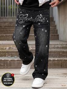 Boys' Autumn/Winter Wide Leg Long Pants With Starry Rhinestone & Letter Print, Denim Effect, American Hip-Hop High Street Casual Trousers - Black - View 3