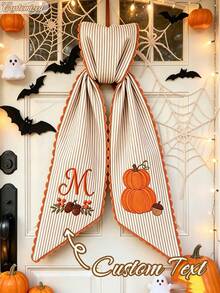 Personalized Custom Embroidered Pumpkin Wreath Ribbon Bow, Striped Fan-Shaped Edge Wreath Ribbon, Custom Text Letter Door Wreath Decoration, Halloween Door Decor Gift, Winter Holiday Front Door Home Decor - Multicolor - View 6