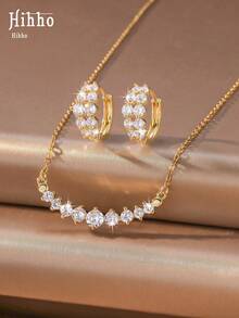 Hihho 3pcs/Set Luxury Sparkling Necklace & Earring Set, Women's Jewelry Suitable For Commute, Date, Party, Gathering - Round Zirconium - View 3