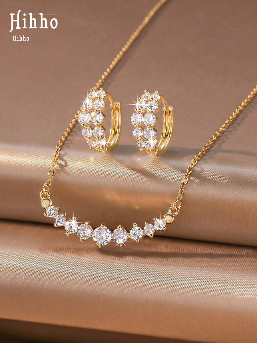 Hihho 3pcs/Set Luxury Sparkling Necklace & Earring Set, Women's Jewelry Suitable For Commute, Date, Party, Gathering - Round Zirconium - View 1
