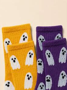 2 Pairs Women's Crew Socks, Funny Ghost Pattern Halloween Casual Socks, Novelty Holiday Gift Socks - Multicolor - View 2