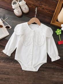 Infant Girl Autumn Lace Ruffle Collar Round Neck Long Sleeve Elastic White Bodysuit Newborn Cute Vacation Front Button Snap Closure Soft Shirt Fabric Bodysuit Children Simple Spring Headband - White - View 7