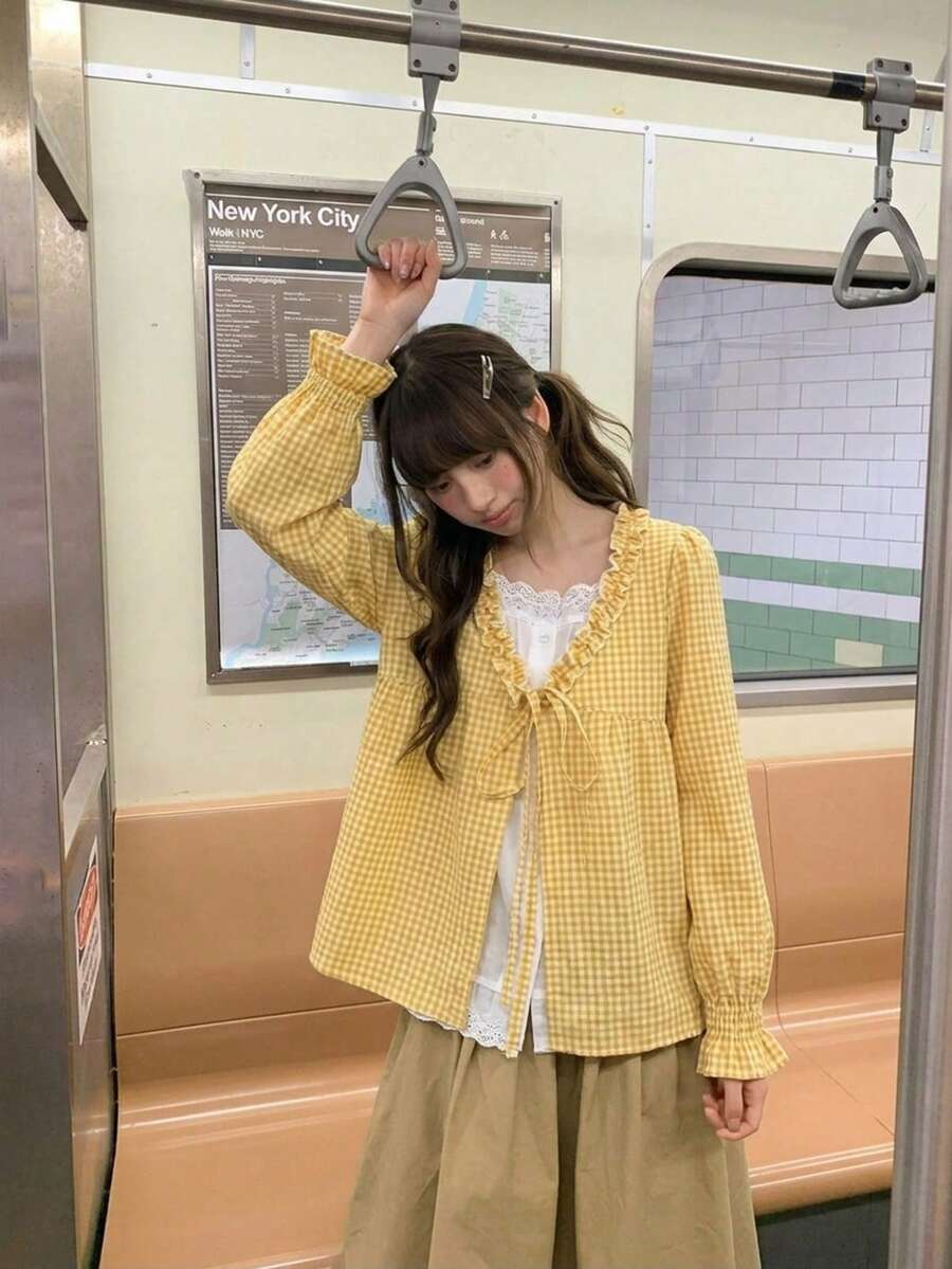 YCYC Korean Style Versatile Long Sleeve 2 In 1 Ruffle Collar Blouse Top For Women - Yellow - View 1