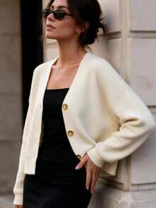 JIANHU Women's White V-Neck Button Knit Cardigan Long Sleeve Jacket For Autumn/Winter Christmas New Year - White - View 3