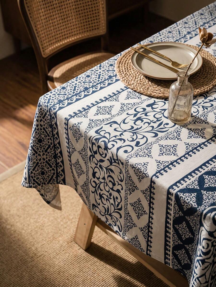 1pc Blue & White Vintage Botanical Vine Pattern Tablecloth, Exotic Retro Style Woven Fabric Material, Rectangular Straight Edge Detail, Stain-Resistant Protection & Decorative Function For Home Dining Table, Suitable For Daily Home Decor And Bohemian Decoration Scenes - Blue - View 1