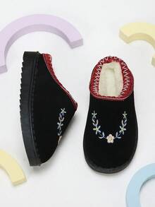 1雙兒童復古刺繡花卉包頭保暖內裡黑色拖鞋，適合室內穿著與冬季外出 - 黑色 - 查看 3