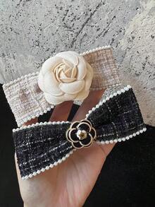 1pc French Vintage Floral Bow Fabric Hair Clip, Soft Style Camellia Flower Back Of Head Spring Clip Hair Accessory - Multicolor - View 1