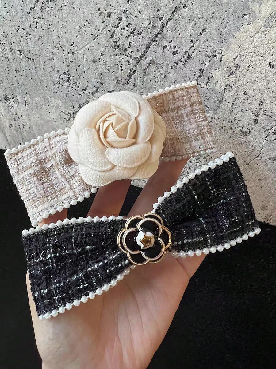 1pc French Vintage Floral Bow Fabric Hair Clip, Soft Style Camellia Flower Back Of Head Spring Clip Hair Accessory - Multicolor - View 1