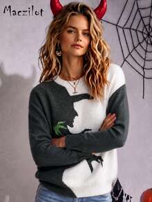 Plus Size Women's Autumn/Winter 3D All-Over Print Halloween Witch Pattern Knit Sweater, Loose Fit Flattering Concealing Round Neck Long Sleeve Pullover Party Top - Black and White - View 3