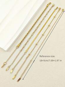 5Pcs Gold Tone Stackable Chain Bracelet Set, Cuban Snake Paperclip Bead Links, Stainless Steel Jewelry Gift For Women - Gold - View 7