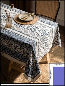 1pc Blue & White Vintage Botanical Vine Pattern Tablecloth, Exotic Retro Style Woven Fabric Material, Rectangular Straight Edge Detail, Stain-Resistant Protection & Decorative Function For Home Dining Table, Suitable For Daily Home Decor And Bohemian Decoration Scenes - Blue - View 10