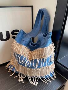 Tas Tote Rumbai Colorblock Vintage, Tas Anyaman Bergaris dan Berumbai, Tas Bahu Kapasitas Besar Kasual Gaya Liburan Santai - MultiWarna - View 1