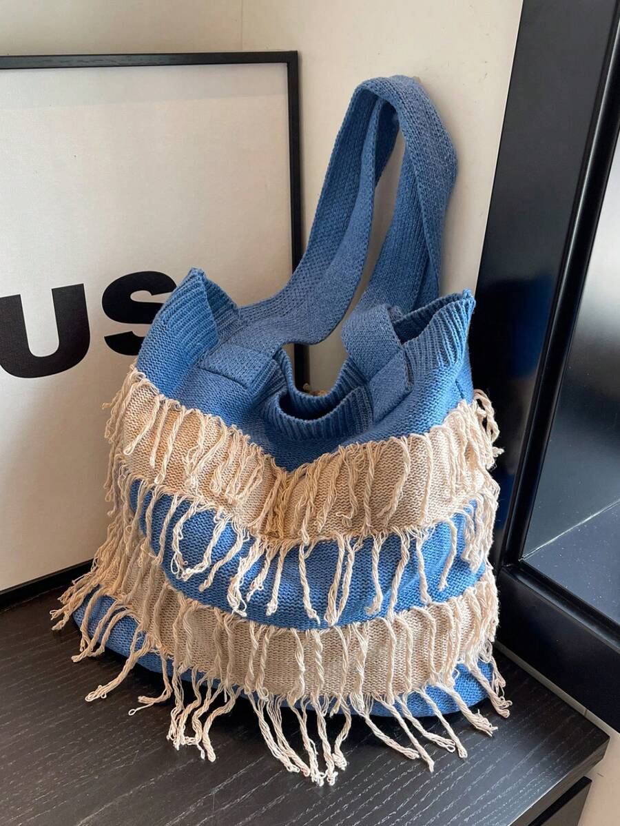 Tas Tote Rumbai Colorblock Vintage, Tas Anyaman Bergaris dan Berumbai, Tas Bahu Kapasitas Besar Kasual Gaya Liburan Santai - MultiWarna - View 1