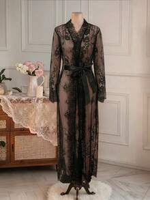 1pc Women's Sexy Sheer Lace Long Sleeve Robe Loungewear Nightgown - Black - View 3