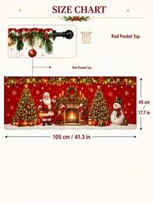 1pc Santa By Fireplace Christmas Kitchen Valance, Classic Holiday Red Polyester Rectangular Rod Pocket Window Topper With Snowflakes, Garland, Christmas Trees And Presents, Xmas Party Winter Home Deco - Multicolor - View 11