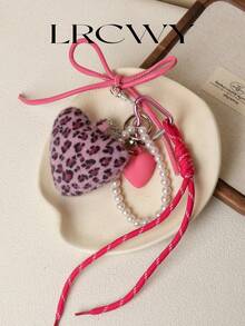 Women's Bag Charm Heart Pink Fluffy Leopard Print Beaded Cute Fashion - Pink - View 6