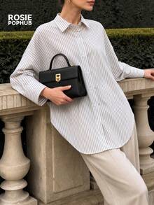 ROSIE POPHUB Women White Striped Lapel Long Sleeve Loose Shirt Curved Hem Button Down Blouse For Daily Office Commute Fall Winter - Black and White - View 3