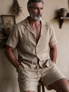 GOLDREDY Men's Fashion Retro Linen Texture Fabric Lapel Collar Short Sleeve Shirt And Matching Shorts Set - Camel - View 1