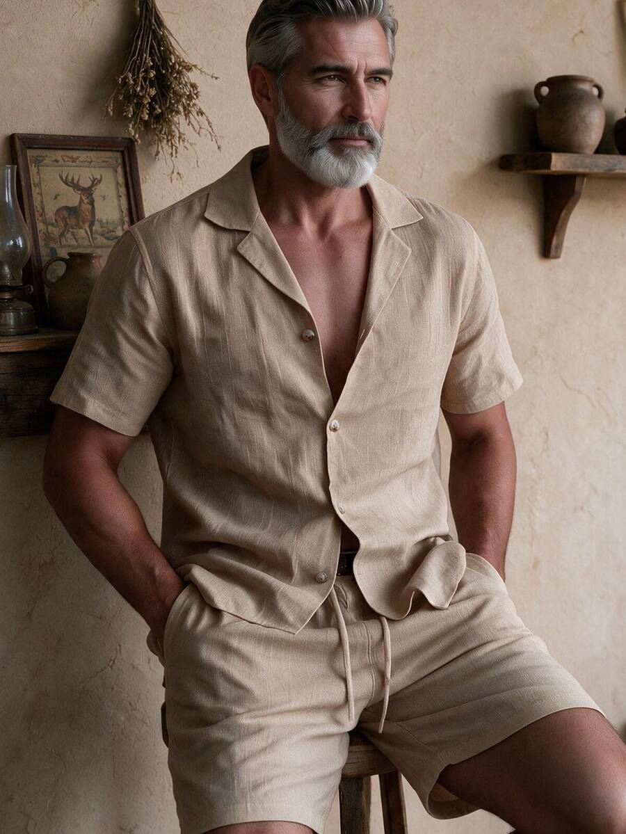 GOLDREDY Men's Fashion Retro Linen Texture Fabric Lapel Collar Short Sleeve Shirt And Matching Shorts Set - Camel - View 1