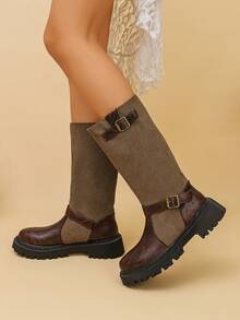 Women's Layered Style High-Shaft Boots, Loose Pleated Shaft, Chunky Heel Height Increase, Pointed Toe Design, Versatile For Pants And Skirts, Long Boots - Brown - View 4