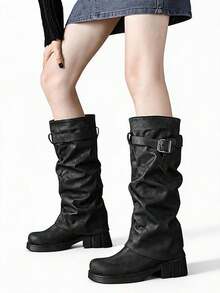 Okurime. Fall/Winter 2025 2024 New Vintage Mid-Heel Fashion Boots Women, Distressed Leather Strap Buckle Knee-High Boots - Black - View 1