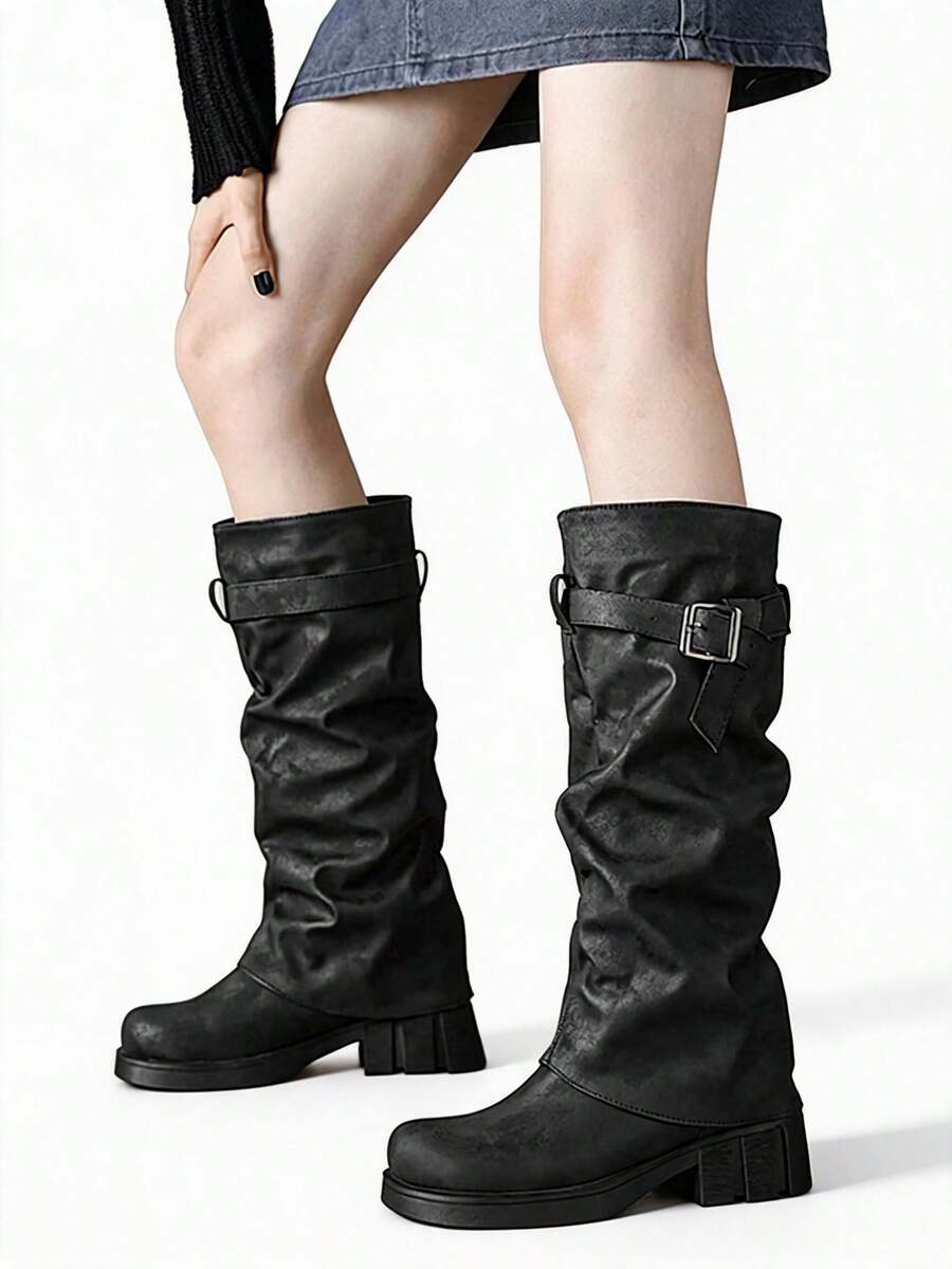 Okurime. Fall/Winter 2025 2024 New Vintage Mid-Heel Fashion Boots Women, Distressed Leather Strap Buckle Knee-High Boots - Black - View 1