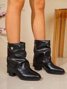 2026 New Winter Women's Mid‑Calf Pleated Shaft Chunky Heel Pointed Toe Boots, Double Strap Eyelet Buckle, Punk Style, Plus Size For Party Occasions - Black - View 2