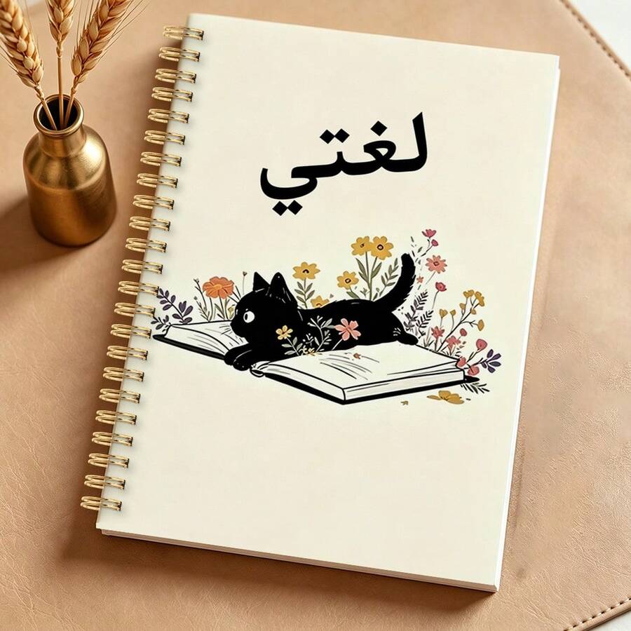 DANPERJI 1pc 14*21cm Paper Cover Arabic Language Spiral Notebook, Cute Black Cat Wildflower Book Cartoon Print Student Exercise Journal, For Arabic Class Notes Homework Learning, Cream Beige Soft Tone - Cute Black - View 1